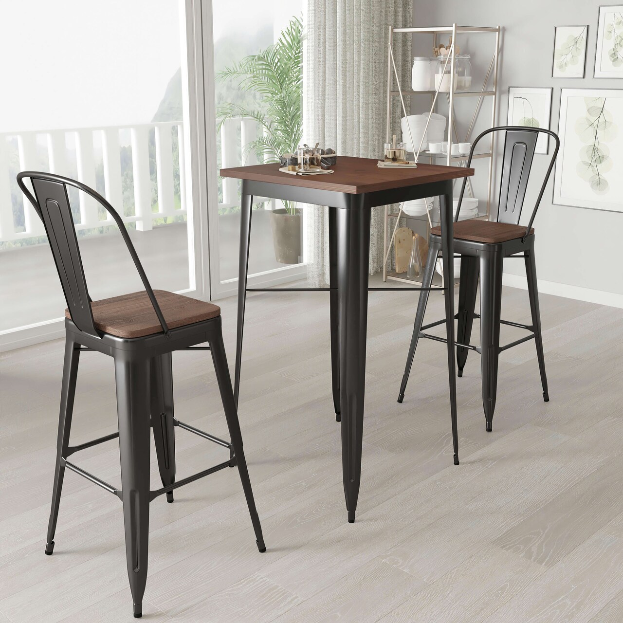 Merrick Lane Modern 23.5" Square Metal Table with Rustic Wood Top for Indoor Use